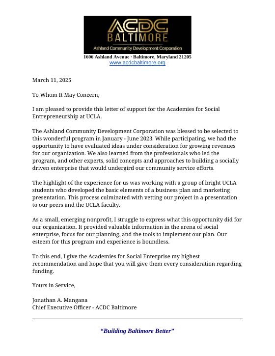 First page of the letter of support from Ashland Community Development Corporation
