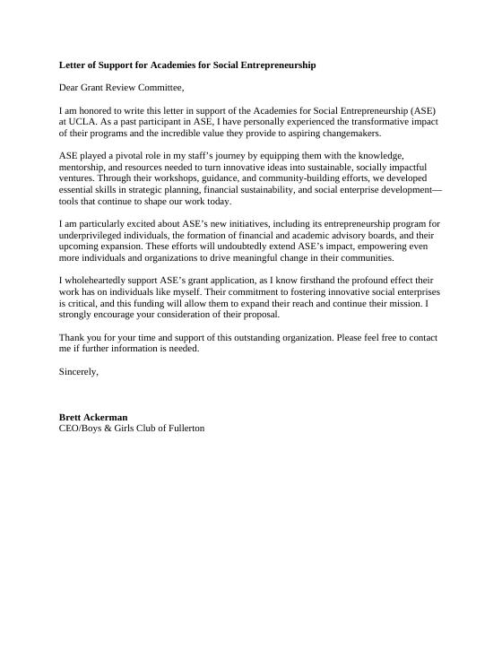 First page of the letter of support from Boys & Girls Club of Fullerton