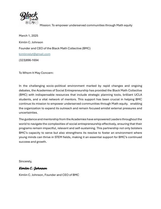 First page of the letter of support from Black Math Collective
