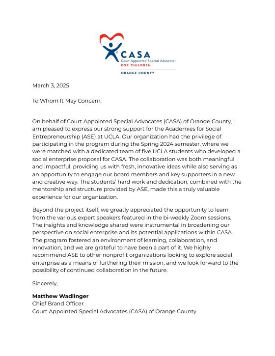 First page of the letter of support from CASA of Orange County