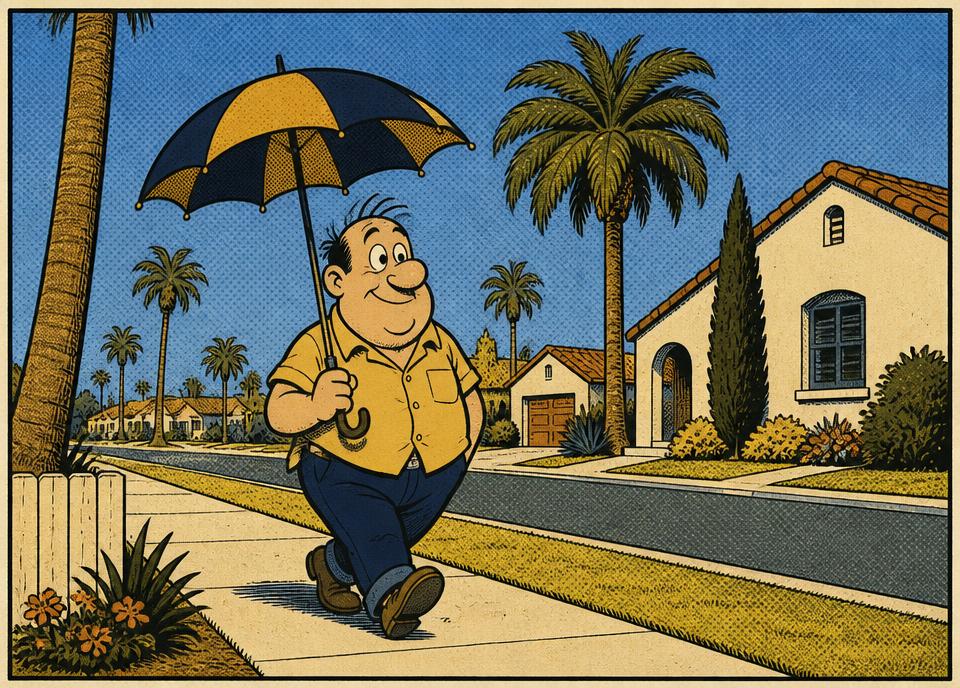 Charlie walking down a Buena Park sidewalk carrying an open umbrella under a clear blue sky.