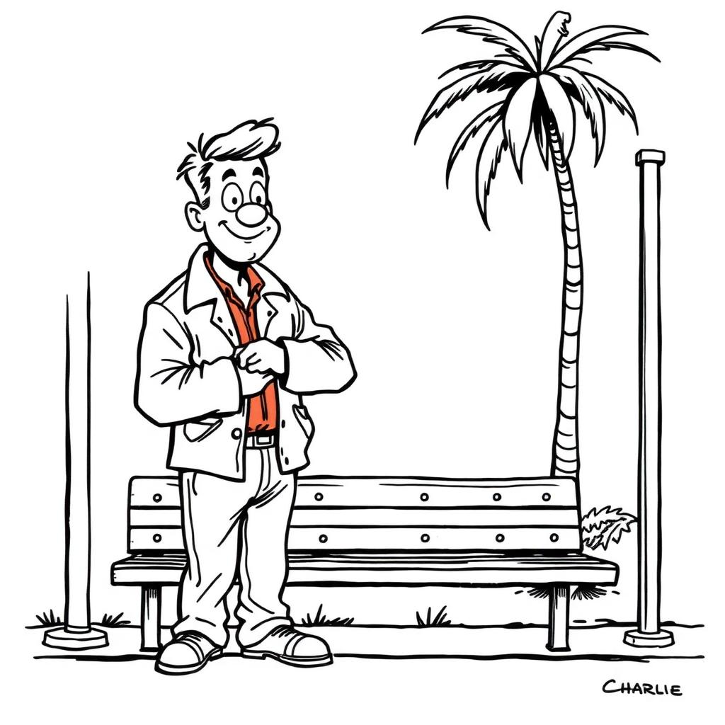 Charlie waiting at a bus stop bench on Beach Boulevard in Buena Park, checking his watch beside a palm tree.
