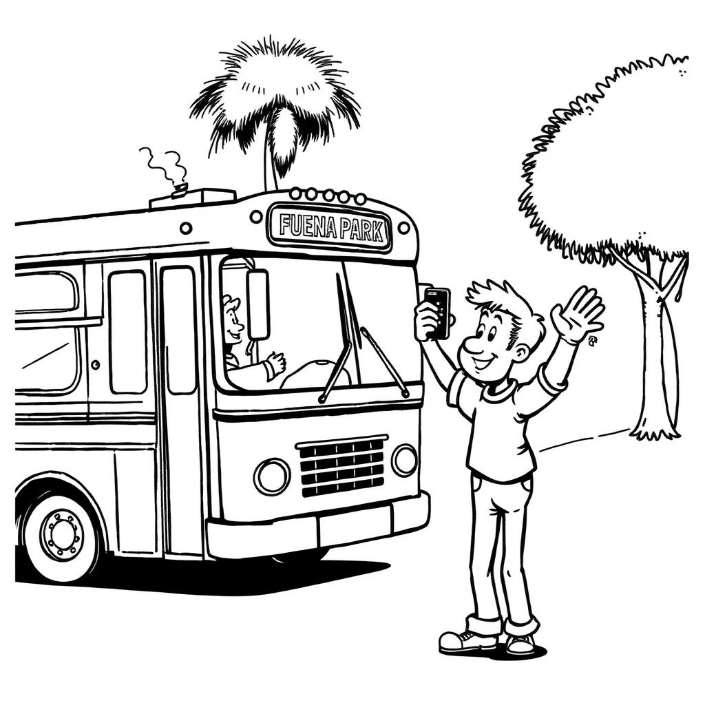 Charlie waving both arms as a Buena Park city bus rolls past the stop without slowing down.