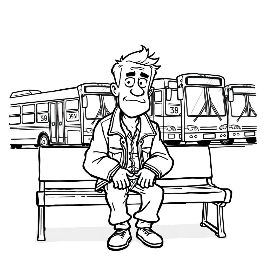 Charlie slouched on the bench with a resigned expression while three buses line up on the street behind him.