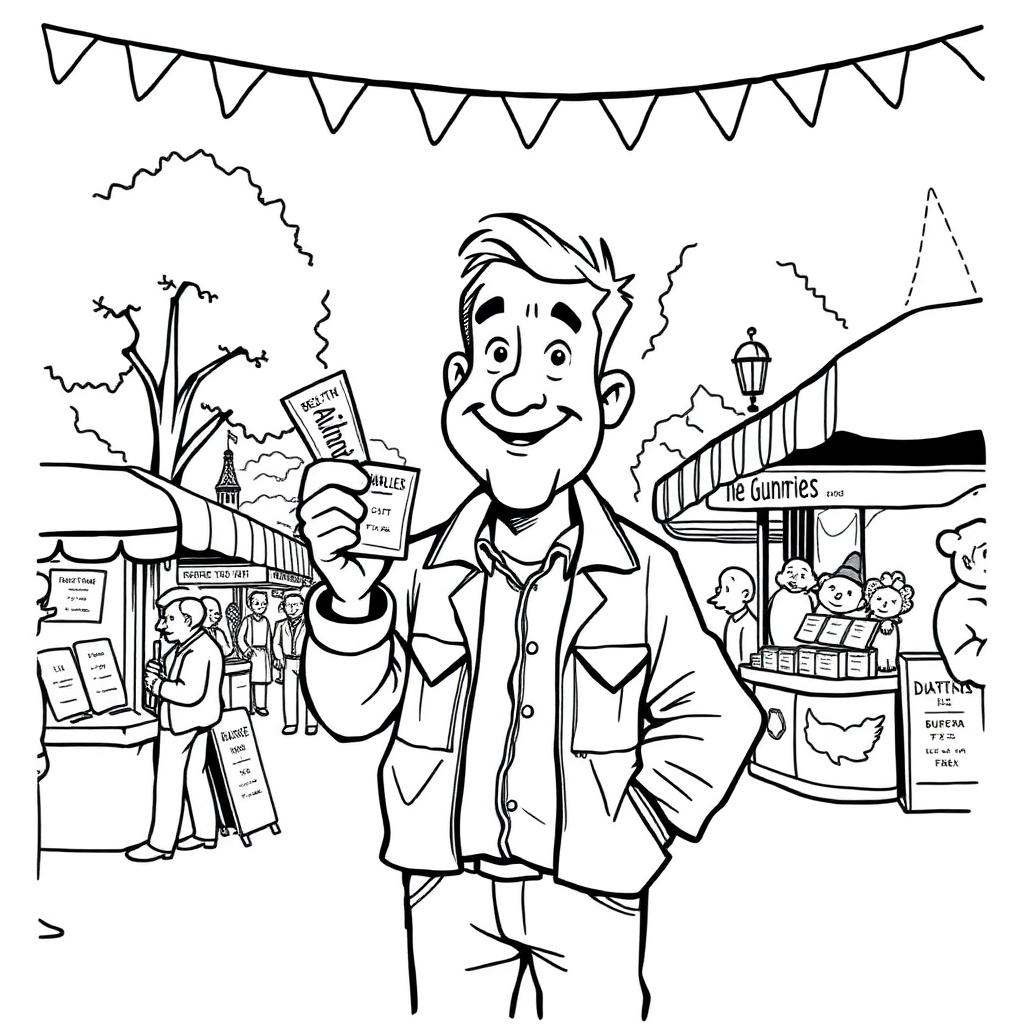 Charlie holding a raffle ticket at a Buena Park street fair with booths and bunting behind him.