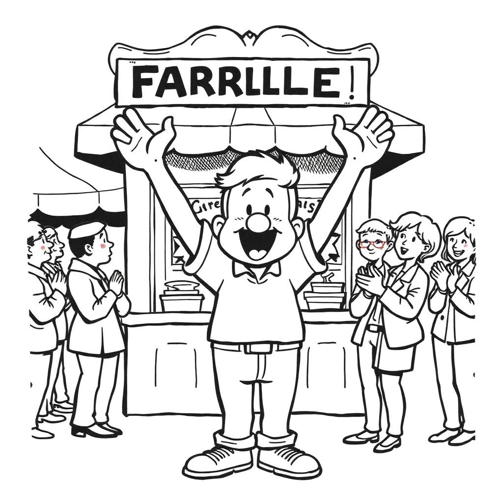 Charlie throwing both arms up in celebration in front of a street fair prize booth while neighbors applaud.
