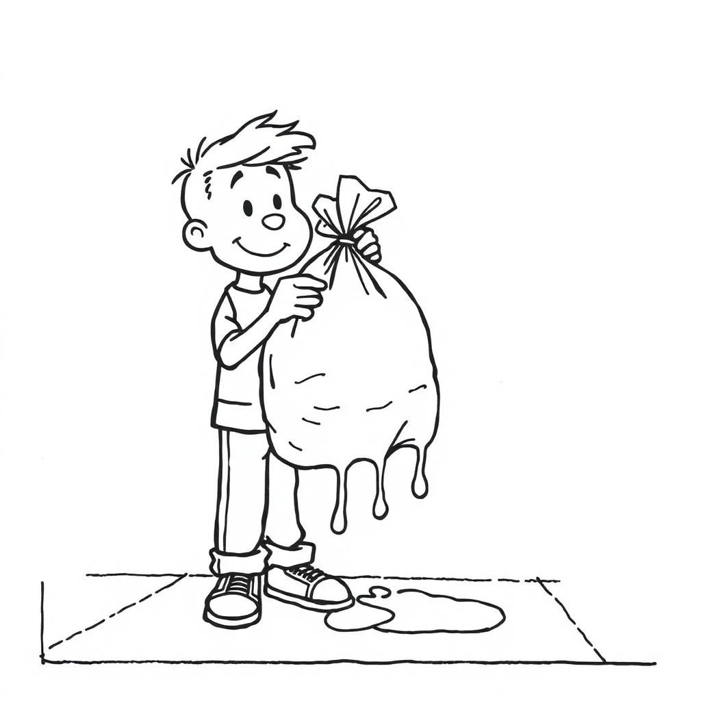 Charlie carrying his prize, a giant bag of ice that is already melting onto his shoes on a sunny sidewalk.