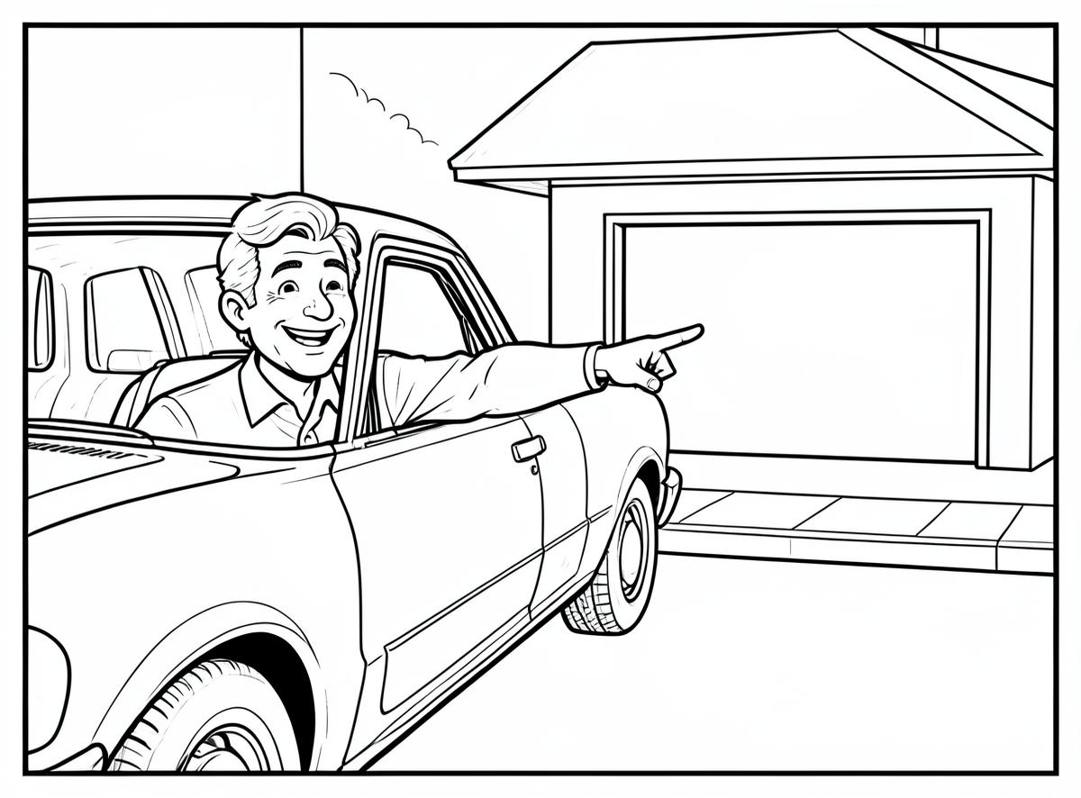 Charlie grinning from the driver's seat of his old sedan, pointing at an empty curbside parking space in front of a shop.