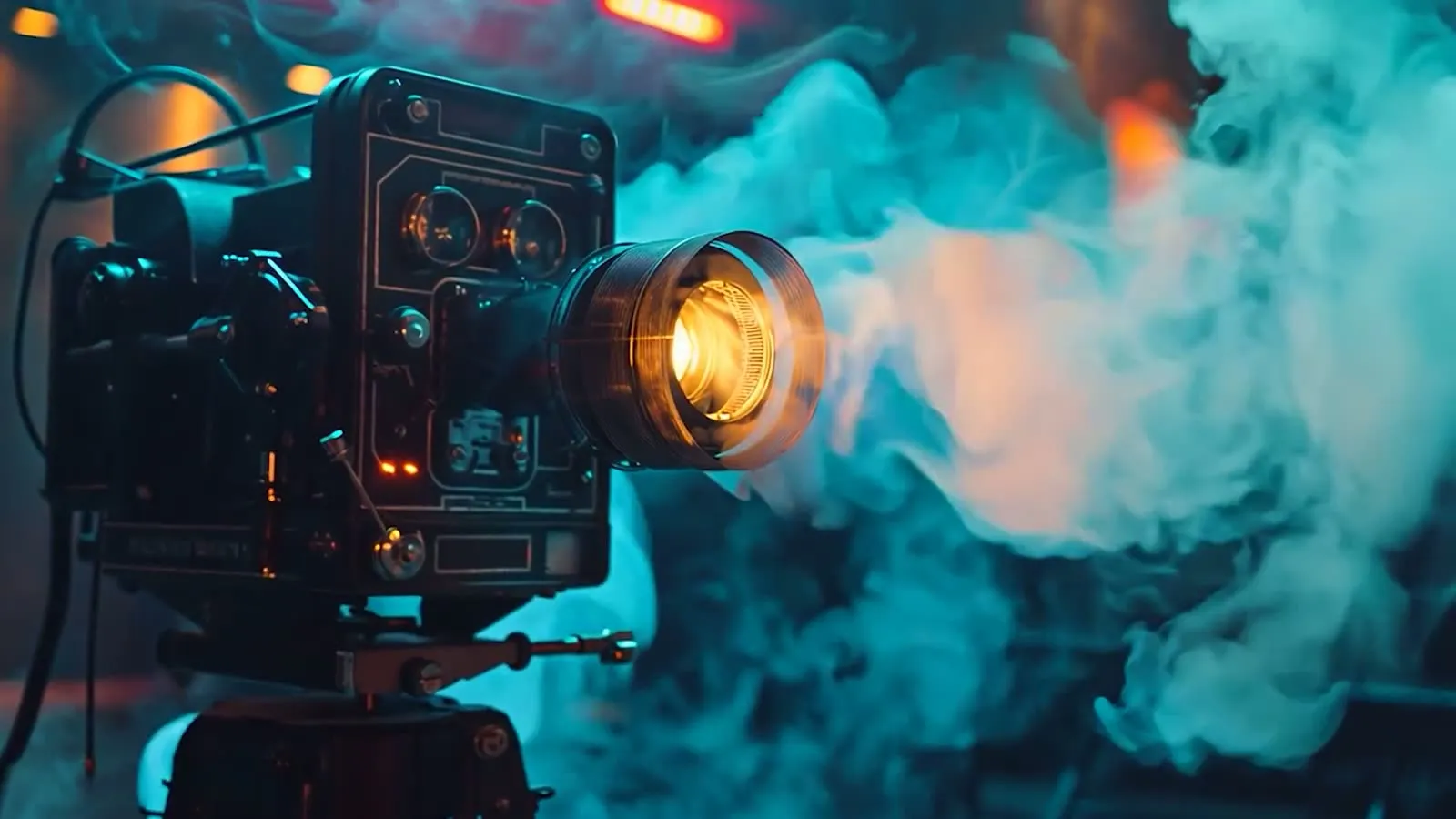 Vintage cinema camera lit by a warm lens glow amid drifting studio haze