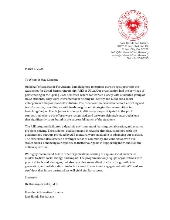 First page of the letter of support from Jazz Hands For Autism