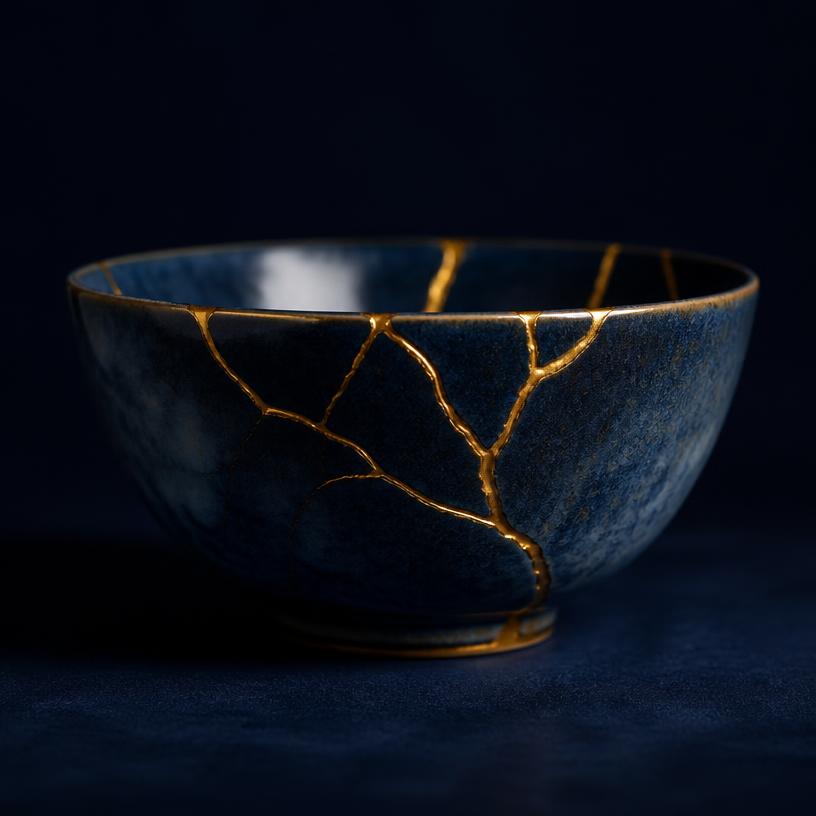 A ceramic bowl mended with gold kintsugi lines