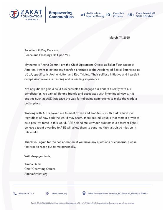 First page of the letter of support from Zakat Foundation of America