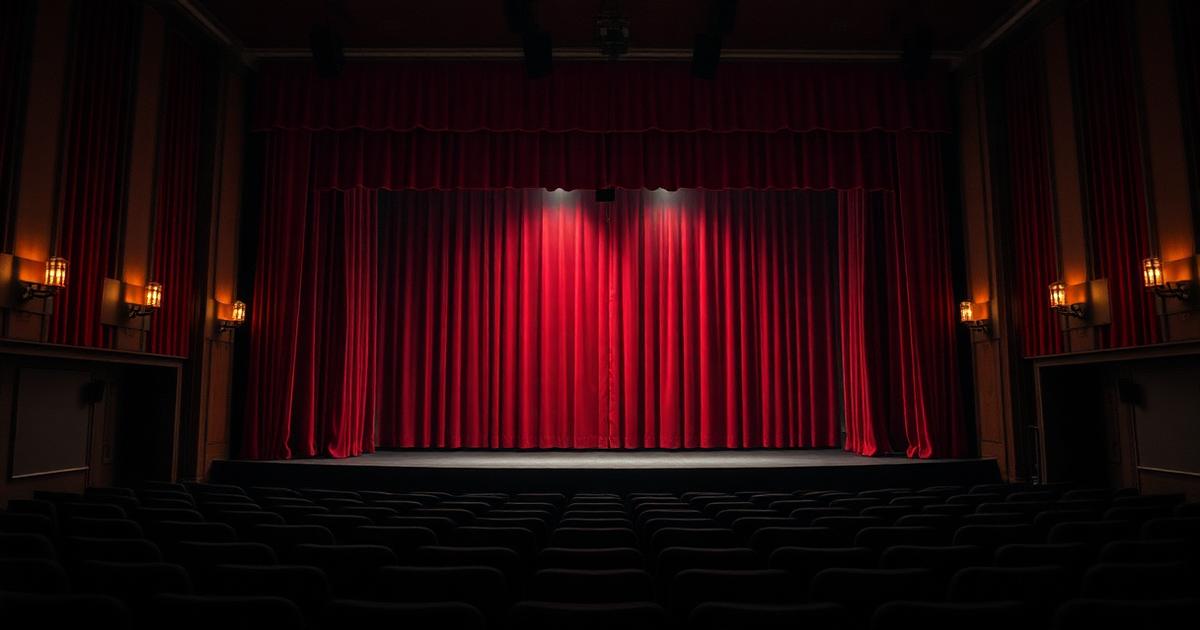 Theater stage with a red velvet curtain under warm spotlights