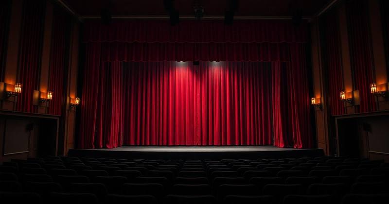 Theater stage with a red velvet curtain under warm spotlights