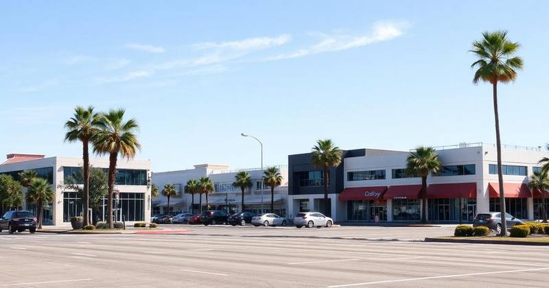 Low-rise commercial buildings along a Southern California boulevard