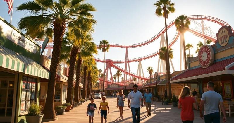 A roller coaster rising above a theme park