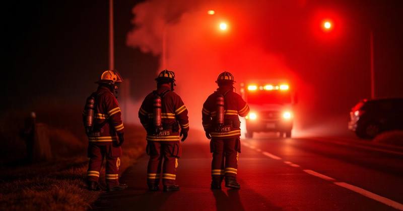 Firefighters at a nighttime roadside incident with emergency lights