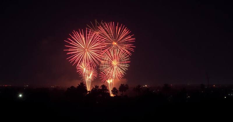 Fireworks bursting over a suburban skyline at night