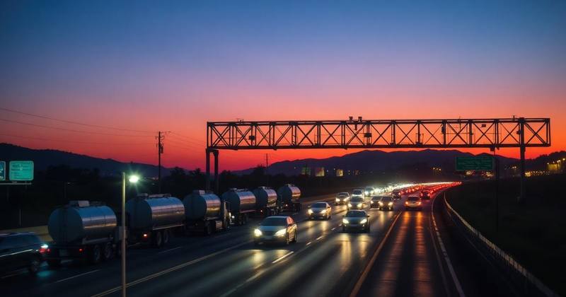Tanker trucks and traffic on a freeway at dusk