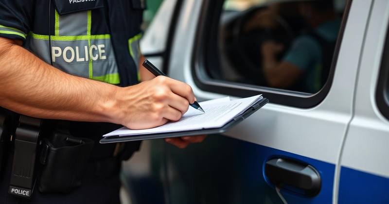 Police officer writing notes on a clipboard beside a patrol vehicle