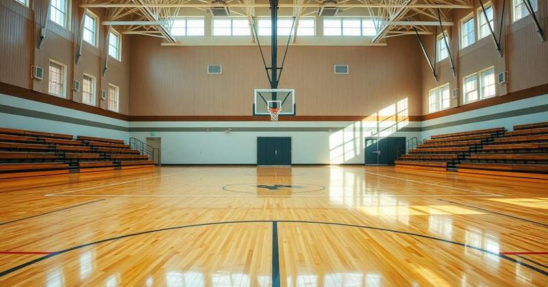 Empty high school gymnasium with polished wood floor and bleachers